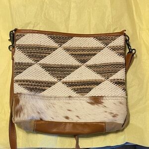 Myra Bag Brown and Cream Patterned Crossbody with Hair-On-Hide Accent